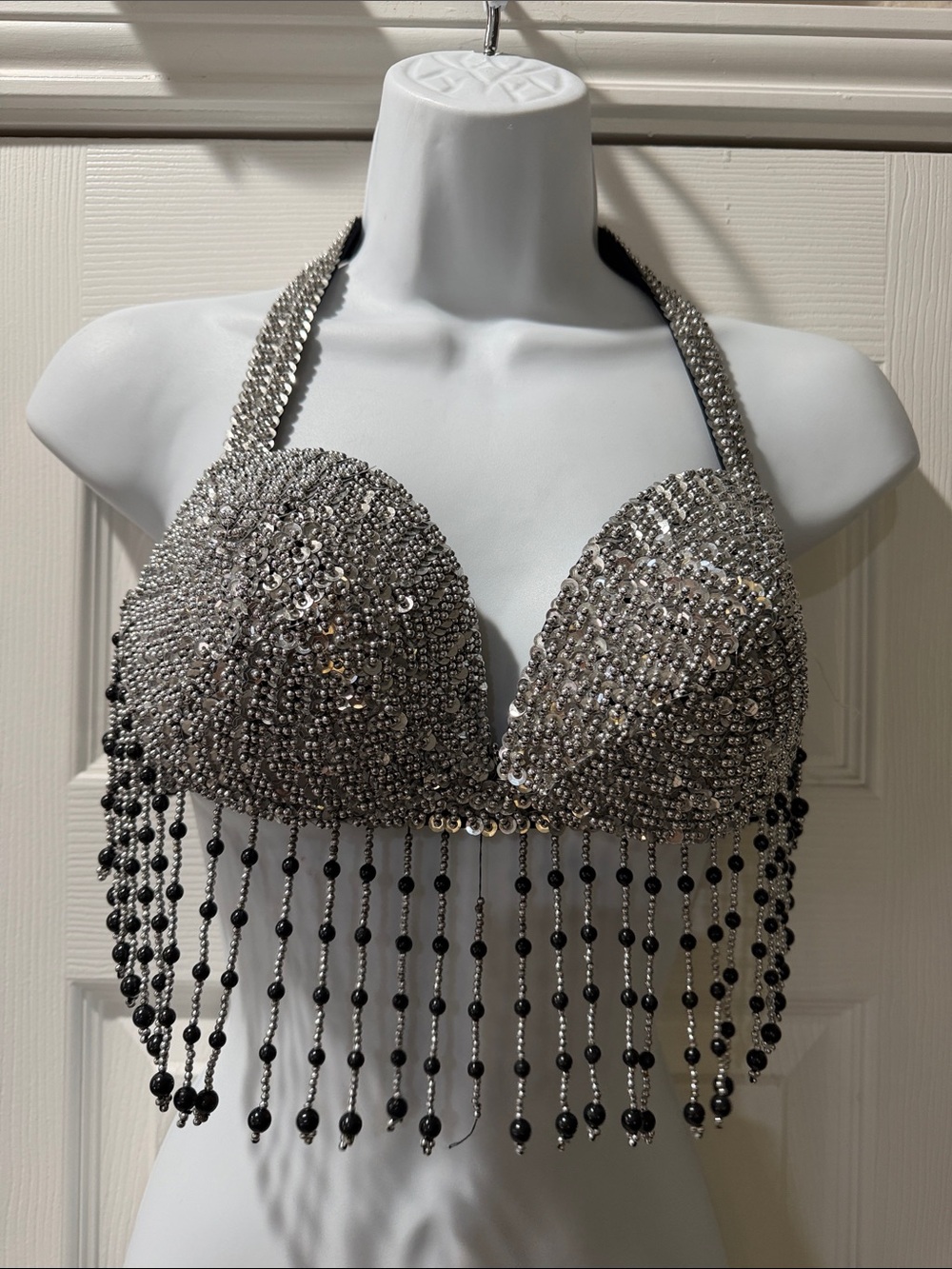 Vintage Silver Sequin Beaded Fringe Halter Top